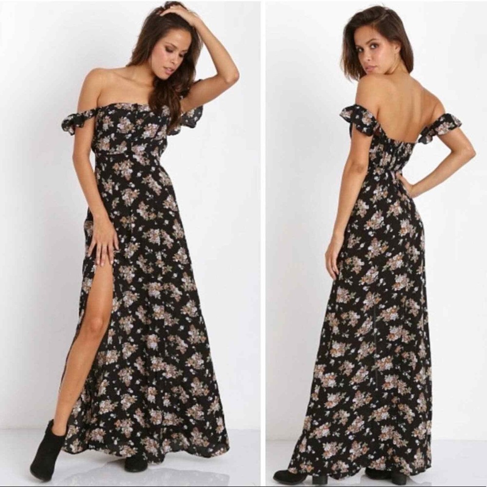 Flynn‎ Skye Bardot Maxi Black Bouquet Maxi Side Slit Dress Size 2